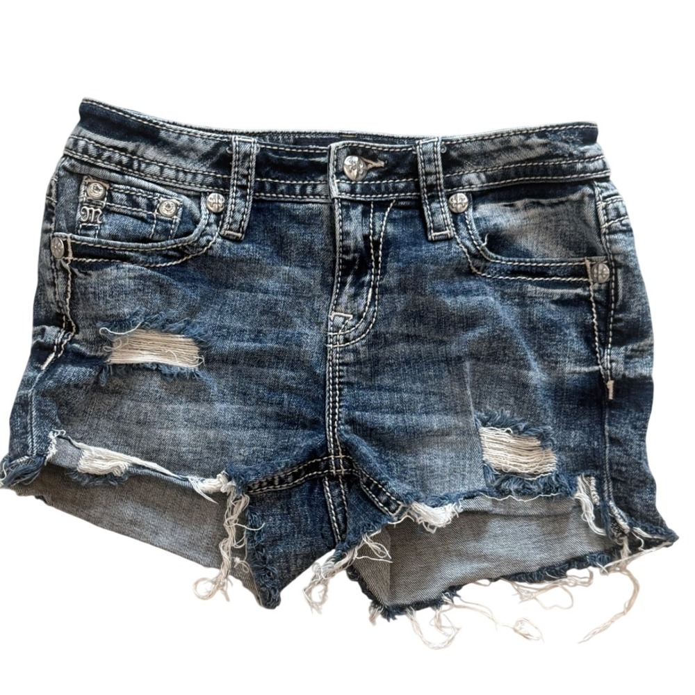 Miss‎ Me Los Angeles Blue Distressed Denim Shorts Crystal Flap Pocket Womens 27